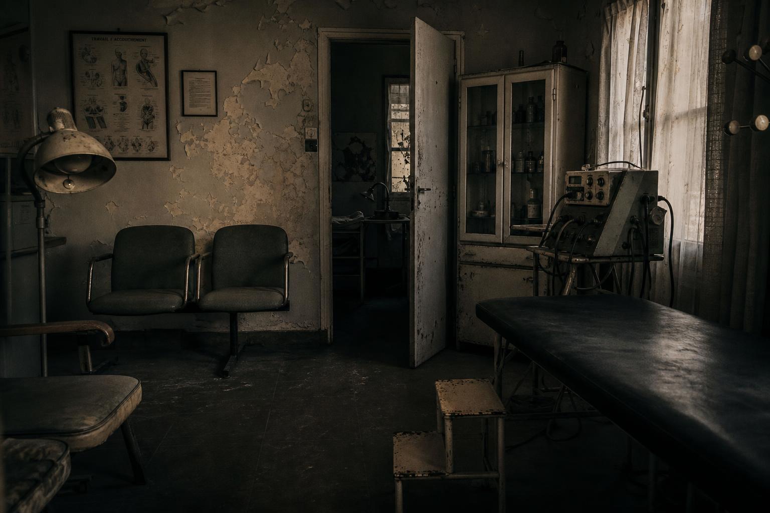 Sala antiga de clínica com arquivos de papel — símbolo de modelos de negócio ultrapassados